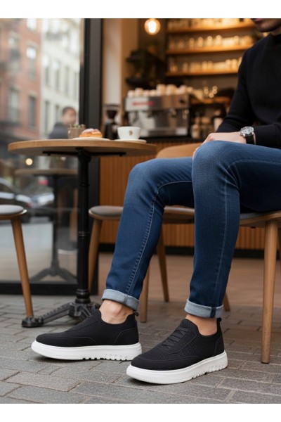 BA0911 Özel Örme Triko Deri Tozu Detaylı Siyah Günlük Spor Ayakkabı 