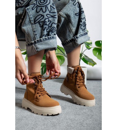 Camel Süet Bağcıklı Yüksek Taban Kadın Bot