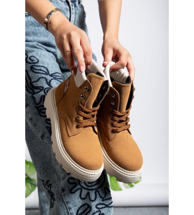 Camel Süet Bağcıklı Yüksek Taban Kadın Bot