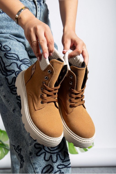 Camel Süet Bağcıklı Yüksek Taban Kadın Bot