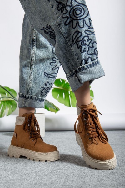 Camel Süet Bağcıklı Yüksek Taban Kadın Bot