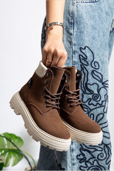 Kahve Süet Bağcıklı Yüksek Taban Kadın Bot