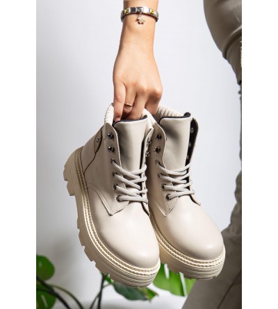 Krem Cilt Bağcıklı Yüksek Taban Kadın Bot