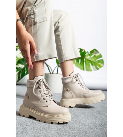 Krem Cilt Bağcıklı Yüksek Taban Kadın Bot