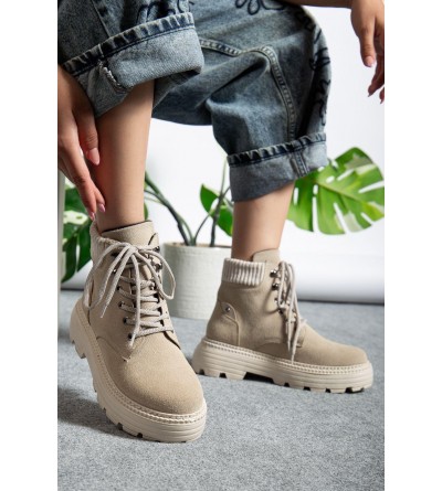 Krem Süet Bağcıklı Yüksek Taban Kadın Bot