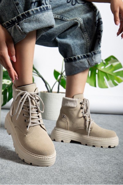 Krem Süet Bağcıklı Yüksek Taban Kadın Bot Krem Süet Bağcıklı Yüksek Taban Kadın Bot