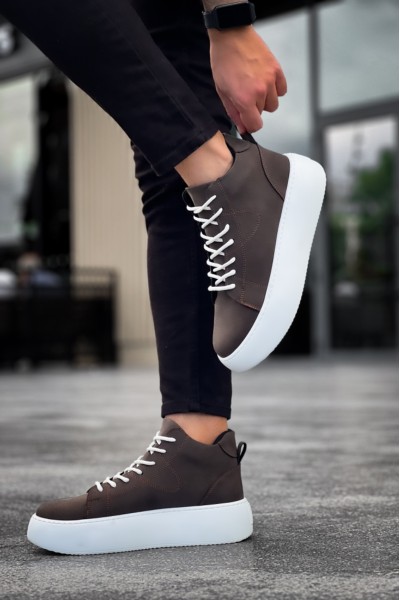 LE10 Bağcıklı Erkek Yüksek Beyaz Taban Kahverengi Spor Bot