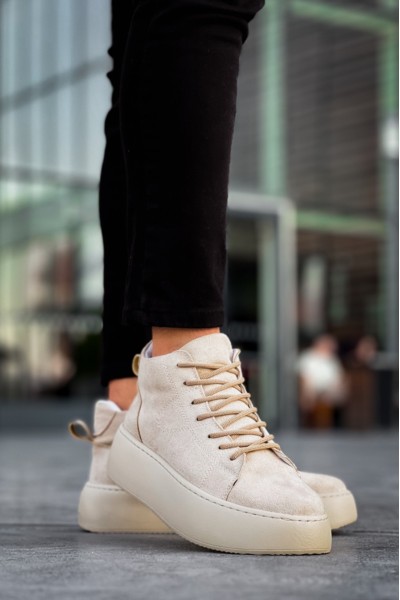 LE10 Bağcıklı Erkek Yüksek Taban İthal Süet Krem Spor Bot