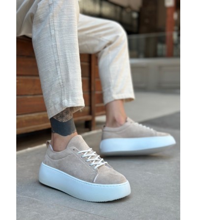 LE11 Bağcıklı Erkek Yüksek Taban İthal Süet Krem Spor Ayakkabı