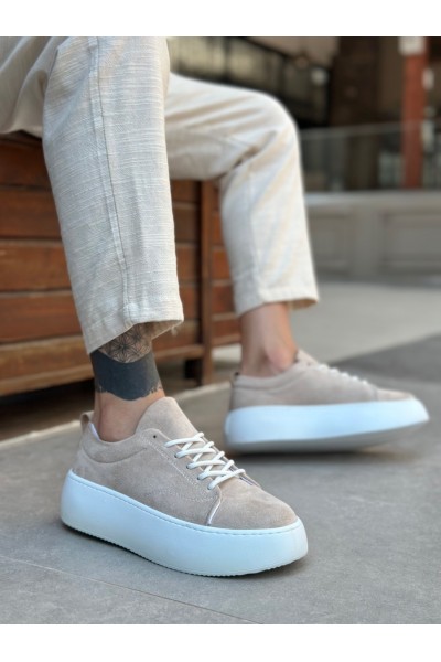 LE11 Bağcıklı Erkek Yüksek Taban İthal Süet Krem Spor Ayakkabı