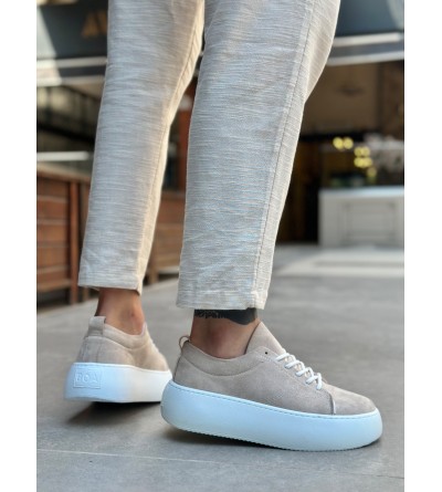 LE11 Bağcıklı Erkek Yüksek Taban İthal Süet Krem Spor Ayakkabı