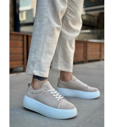 LE11 Bağcıklı Erkek Yüksek Taban İthal Süet Krem Spor Ayakkabı