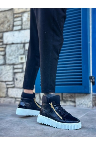 SNR-512 BOA Kalın Yüksek Taban Çift Fermuarlı Siyah Erkek Spor Bot