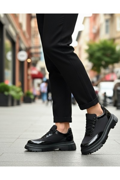 BA0243 Bağcıklı Rugan Paraşüt Detaylı Yüksek Siyah Taban Erkek Ayakkabı