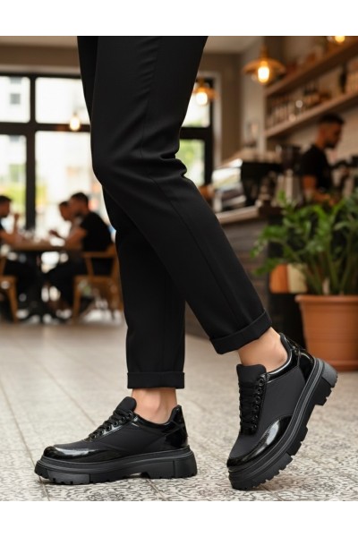 BA0243 Bağcıklı Rugan Paraşüt Detaylı Yüksek Siyah Taban Erkek Ayakkabı