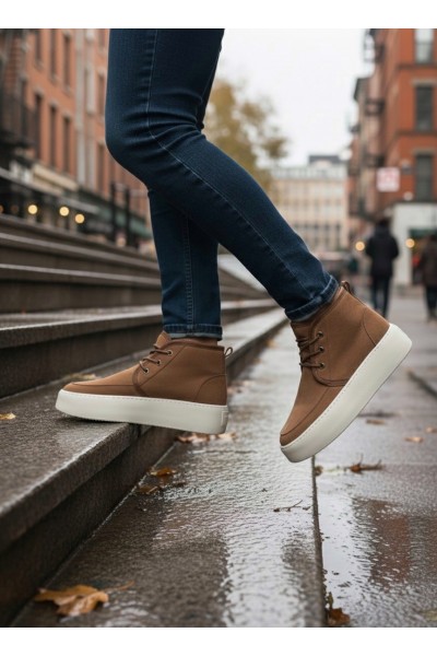 BA0550 İçi Kürklü Bağcıklı Taba Krem Taban Erkek Tarz Spor Bot