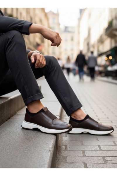 BA0244 İçi Dışı Hakiki Deri Bantlı Rahat Taban Casual Kahverengi Erkek Ayakkabı