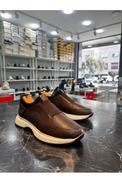 BA0244 İçi Dışı Hakiki Deri Bantlı Rahat Taban Casual Kahverengi Erkek Ayakkabı