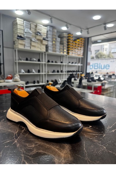 BA0244 İçi Dışı Hakiki Deri Bantlı Rahat Taban Casual Siyah Erkek Ayakkabı