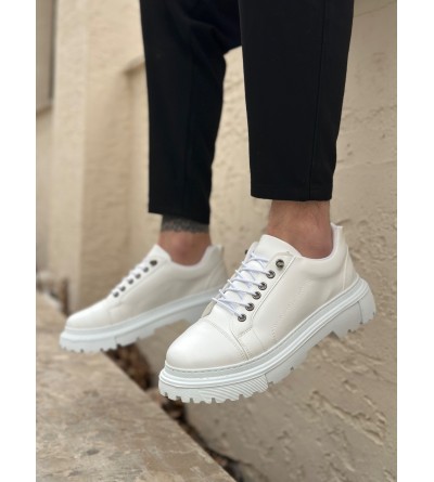 BA0245 Beyaz Akıllı Lastik Bağcık Yüksek Siyah Taban Günlük Erkek Ayakkabı