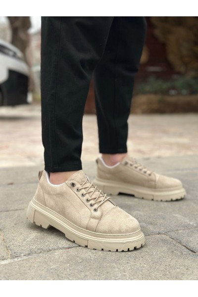 BA0245 Krem Süet Akıllı Lastik Bağcık Yüksek Taban Günlük Erkek Ayakkabı