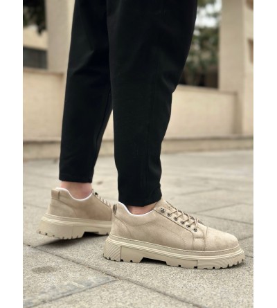 BA0245 Krem Süet Akıllı Lastik Bağcık Yüksek Taban Günlük Erkek Ayakkabı