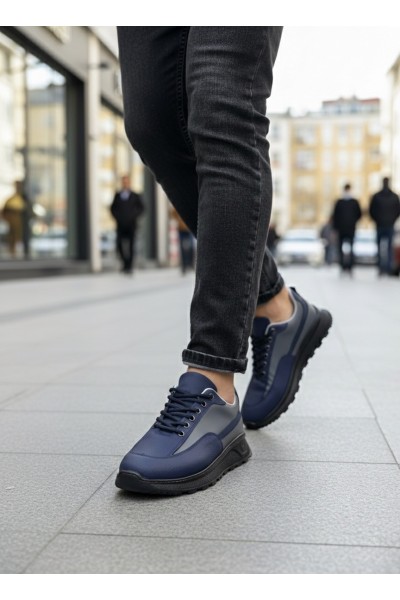 BA0246 Lacivert Gri Parçalı Bağcıklı Yüksek Taban Günlük Erkek Ayakkabı
