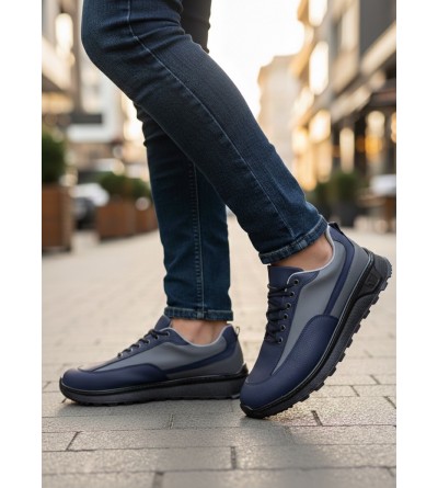 BA0246 Lacivert Gri Parçalı Bağcıklı Yüksek Taban Günlük Erkek Ayakkabı