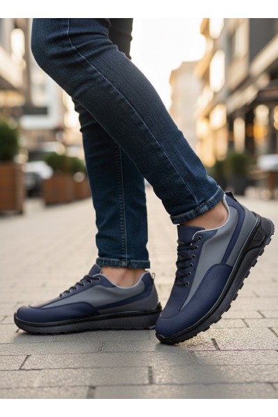 BA0246 Lacivert Gri Parçalı Bağcıklı Yüksek Taban Günlük Erkek Ayakkabı