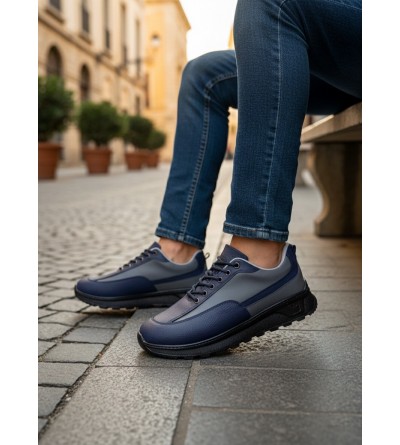 BA0246 Lacivert Gri Parçalı Bağcıklı Yüksek Taban Günlük Erkek Ayakkabı