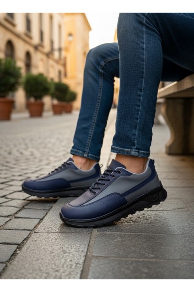 BA0246 Lacivert Gri Parçalı Bağcıklı Yüksek Taban Günlük Erkek Ayakkabı