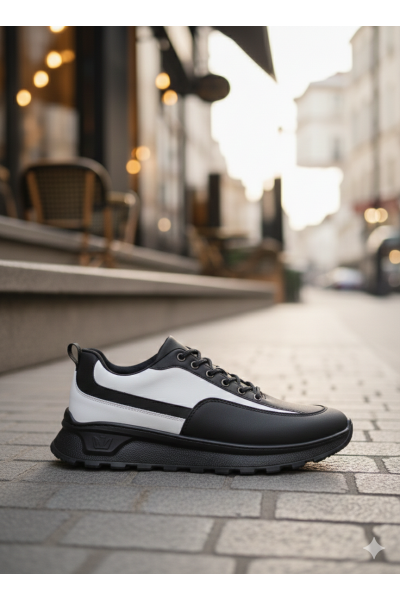 BA0246 Siyah Beyaz Parçalı Bağcıklı Yüksek Taban Günlük Erkek Ayakkabı