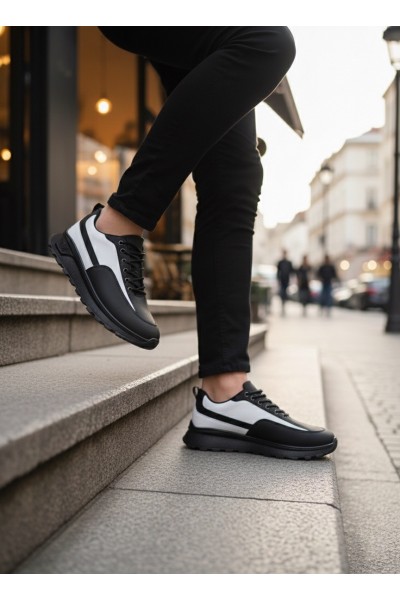BA0246 Siyah Beyaz Parçalı Bağcıklı Yüksek Taban Günlük Erkek Ayakkabı