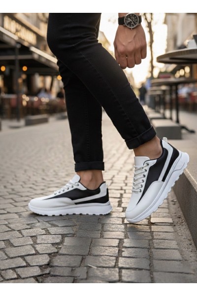 BA0246 Beyaz Siyah Parçalı Bağcıklı Yüksek Taban Günlük Erkek Ayakkabı