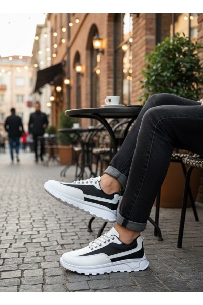 BA0246 Beyaz Siyah Parçalı Bağcıklı Yüksek Taban Günlük Erkek Ayakkabı