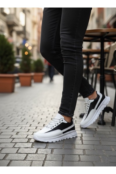 BA0246 Beyaz Siyah Parçalı Bağcıklı Yüksek Taban Günlük Erkek Ayakkabı
