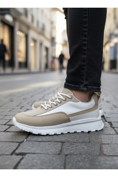 BA0246 Krem Bağcıklı Yüksek Beyaz Taban Günlük Erkek Ayakkabı