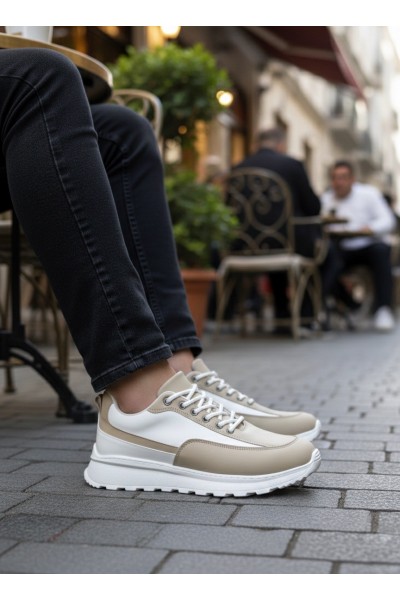 BA0246 Krem Bağcıklı Yüksek Beyaz Taban Günlük Erkek Ayakkabı