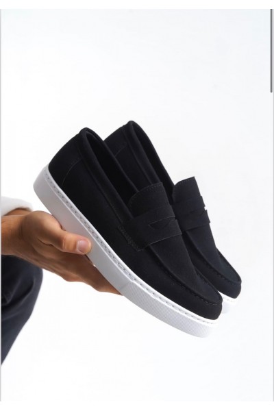 BA0580 Bağcıksız Kuşaklı Yüksek Süet Siyah Beyaz Taban Erkek Ayakkabı