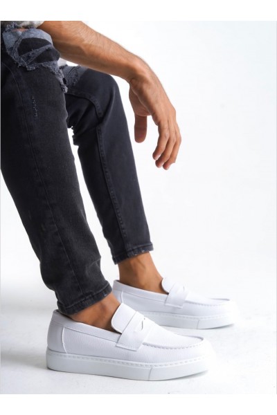 BA0580 Bağcıksız Kuşaklı Yüksek Taban Beyaz Cilt Erkek Ayakkabı