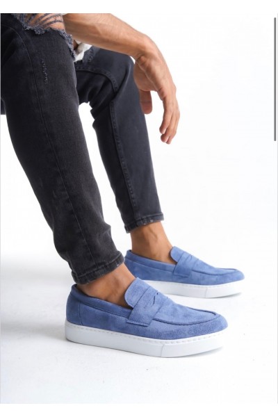 BA0580 Bağcıksız Kuşaklı Yüksek Taban Mavi Süet Erkek Ayakkabı