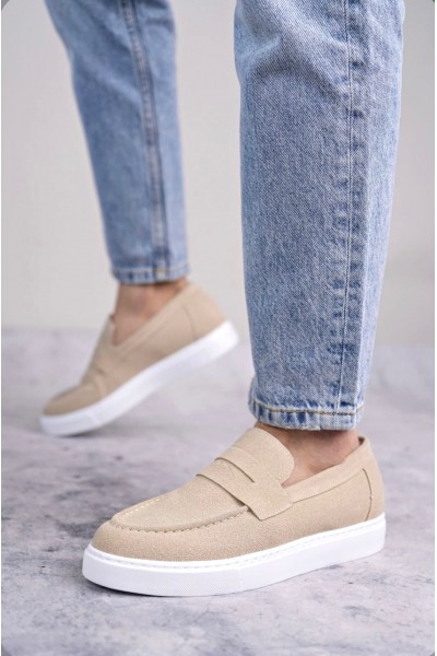 BA0580 Bağcıksız Kuşaklı Yüksek Taban Krem Süet Erkek Ayakkabı