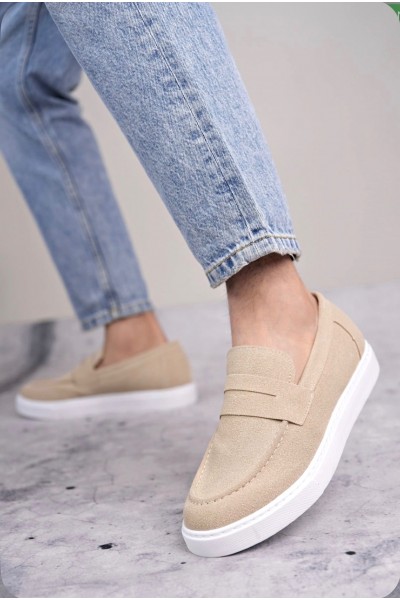 BA0580 Bağcıksız Kuşaklı Yüksek Taban Krem Süet Erkek Ayakkabı
