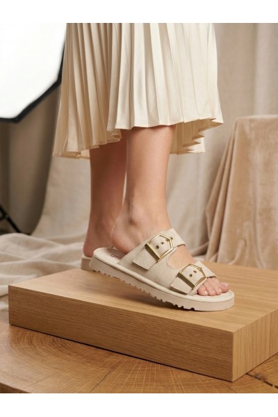 Yazlık Kadın Bej İnce Taban Tokalı Terlik