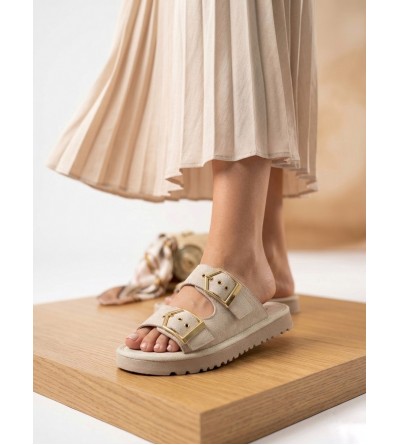 Yazlık Kadın Bej İnce Taban Tokalı Terlik