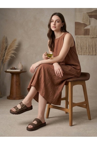 Yazlık Kadın Kahverengi İnce Taban Tokalı Terlik Yazlık Kadın Kahverengi İnce Taban Tokalı Terlik