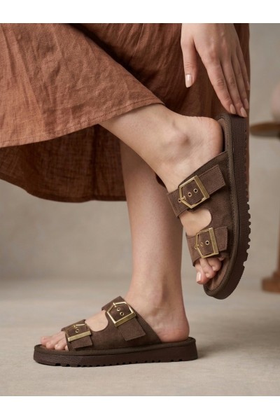 Yazlık Kadın Kahverengi İnce Taban Tokalı Terlik