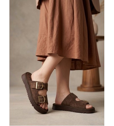 Yazlık Kadın Kahverengi İnce Taban Tokalı Terlik