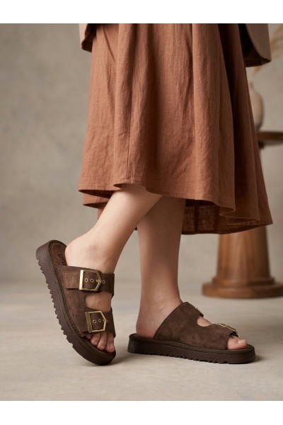 Yazlık Kadın Kahverengi İnce Taban Tokalı Terlik Yazlık Kadın Kahverengi İnce Taban Tokalı Terlik