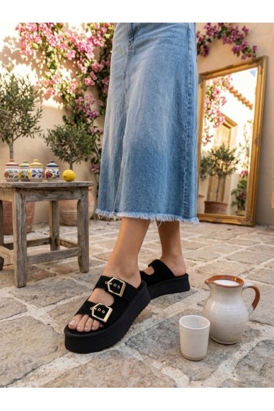 Yazlık Kadın Siyah Platform Taban Tokalı Terlik